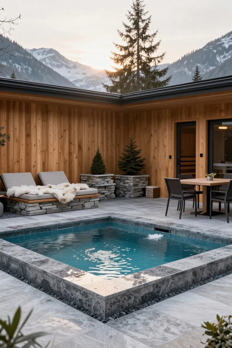 Outdoor terrace with a small square turquoise pool edged in gray stone, two low wooden lounge beds with gray cushions and sheepskin rugs, a round wooden dining table with four gray chairs, stone planters, wooden walls, small Christmas trees, and snowy alpine mountains at sunset.