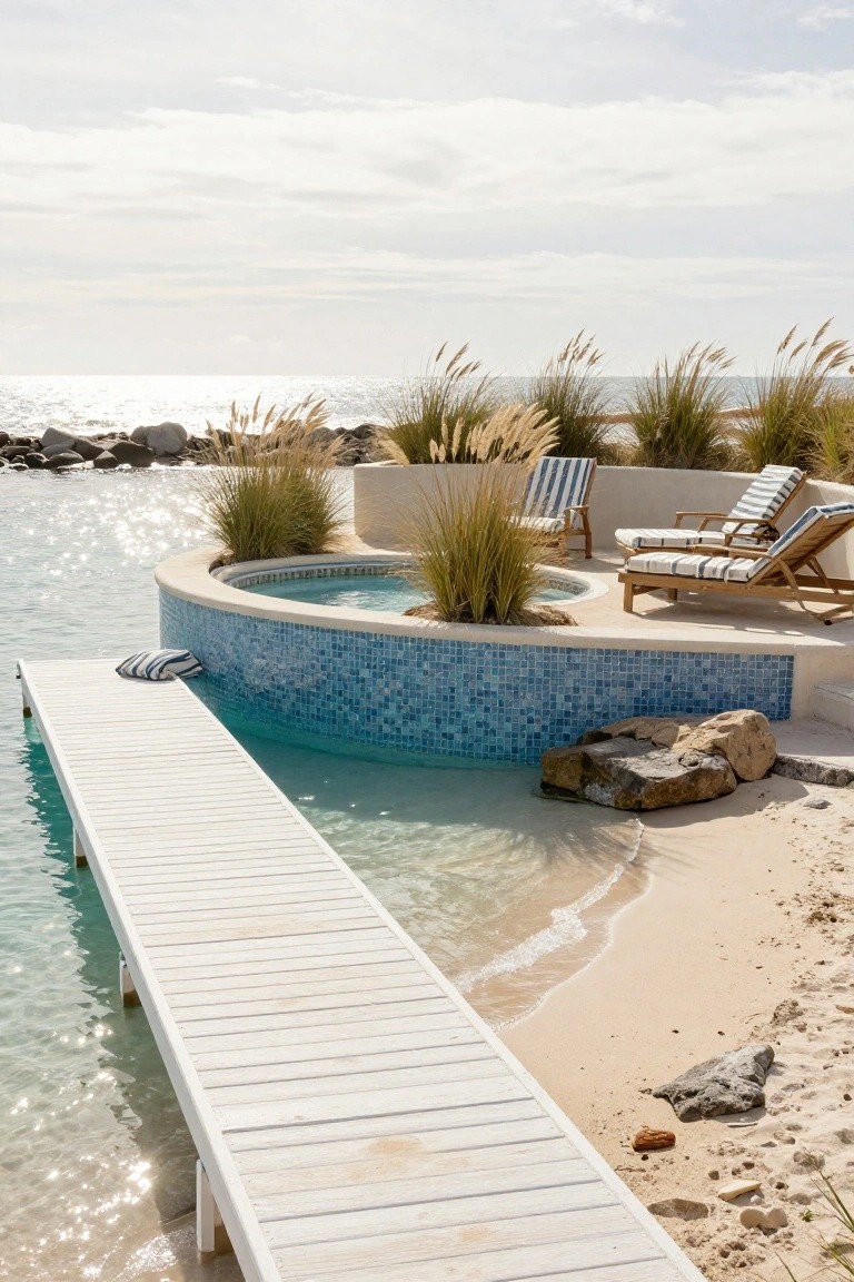 Curved blue mosaic-tiled hot tub on a white platform with lounge chairs and pampas grass, adjacent to a white wooden dock extending into turquoise ocean water beside a sandy beach.