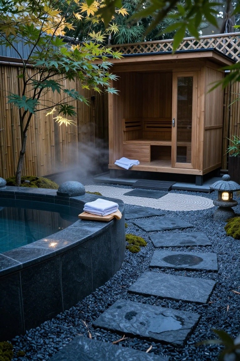 Wooden sauna cabin with glass door and steam escaping beside a black stone hot tub, with stone paths, white towels, lanterns, bamboo fence, moss, rocks, and Japanese maple trees in an outdoor garden.