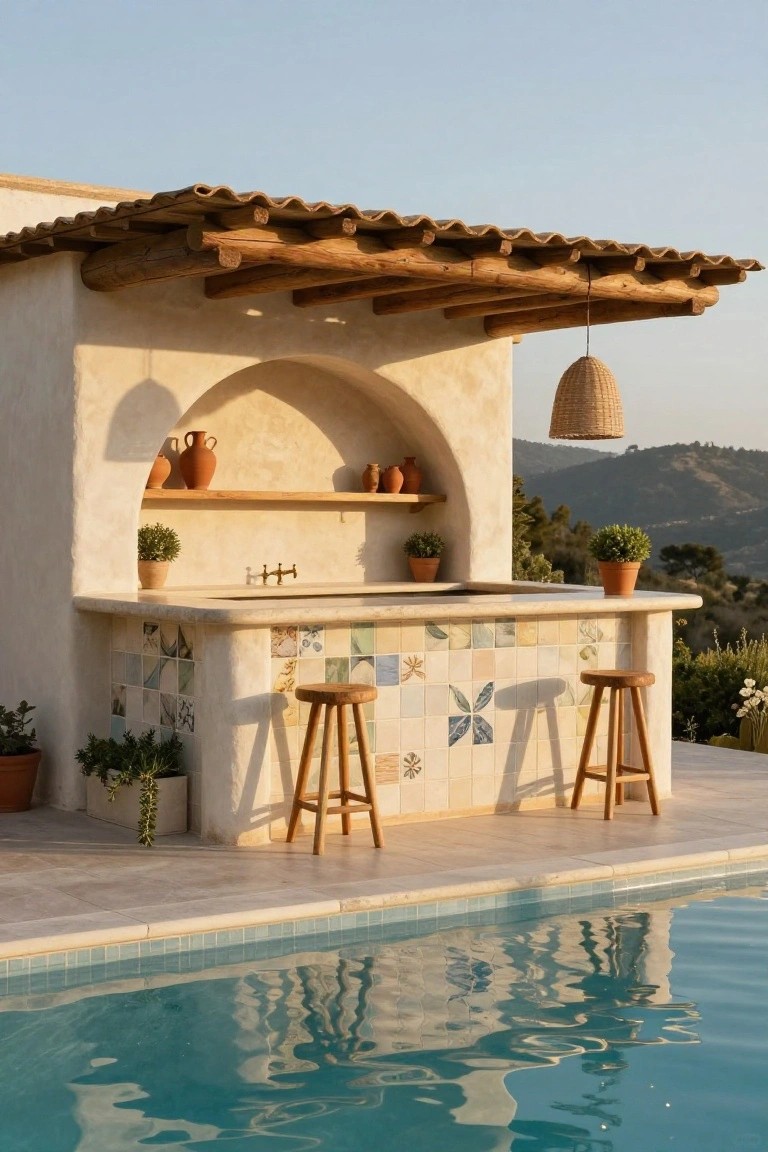 18 Pool Ideas With Bar Features for the Perfect Party Setup White stucco outdoor bar with arched niche displaying terracotta pots, brass faucet sink in colorful tiled counter, two wooden stools, pool in foreground, and distant hills.
