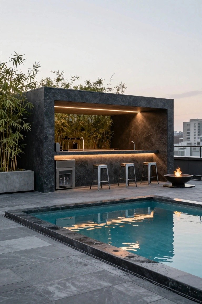 18 Pool Ideas With Bar Features for the Perfect Party Setup Rooftop terrace with black marble bar counter, three metal bar stools, bamboo screening, wine fridge, fire pit, and adjacent rectangular pool reflecting lights at dusk.