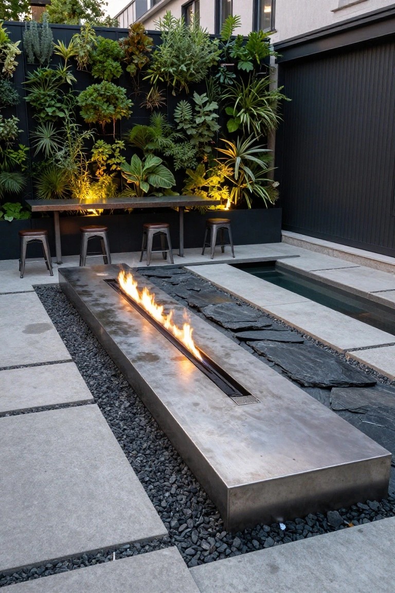 18 Pool Ideas With Bar Features for the Perfect Party Setup Modern outdoor patio featuring a long linear gas fire pit adjacent to a narrow rectangular pool channel, with a metal bar table and stools nearby, vertical green wall on a black fence, and dark slate and concrete hardscaping.