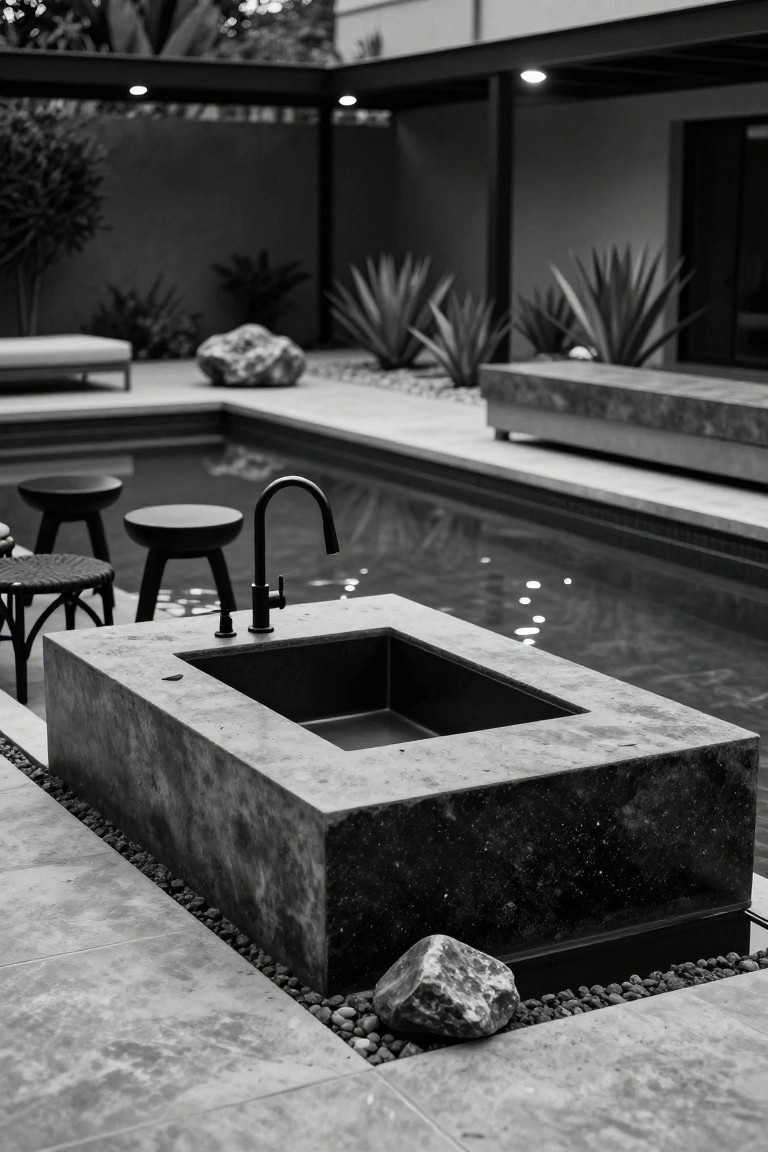 18 Pool Ideas With Bar Features for the Perfect Party Setup Black and white photo of a rectangular pool with a built-in concrete bar counter at one end containing a black sink and faucet, flanked by black stools partially submerged in the water, surrounded by pebble ground cover, boulders, agave plants, and low modern seating.