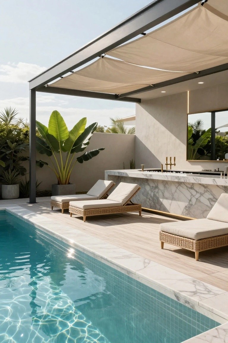 18 Pool Ideas With Bar Features for the Perfect Party Setup Outdoor pool with a white marble bar counter and sink along the edge, beige rattan lounge chairs nearby, fabric shade canopy on metal frame, tropical plants, and beige walls.