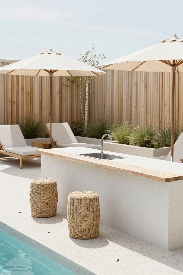 18 Pool Ideas With Bar Features for the Perfect Party Setup Outdoor pool area with white bar counter and sink on a tiled deck, two rattan stools nearby, lounge chairs under umbrellas, wooden fence with plants, and turquoise pool water.