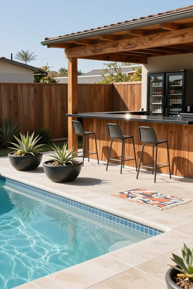 18 Pool Ideas With Bar Features for the Perfect Party Setup Wooden covered outdoor bar with black countertop and four woven barstools next to a pool, featuring a beverage fridge, potted agave plants, and a colorful rug on a tiled patio.