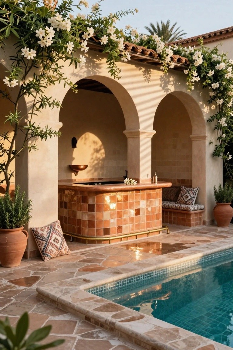 18 Pool Ideas With Bar Features for the Perfect Party Setup Curved terracotta-tiled bar counter under beige stucco arches beside a turquoise mosaic pool, with white flowering vines climbing the arches, potted plants, patterned cushions on built-in bench seating, and terracotta flooring.