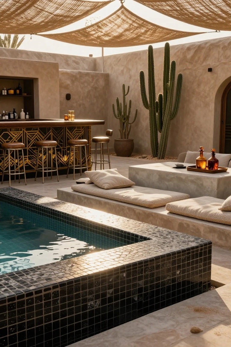 18 Pool Ideas With Bar Features for the Perfect Party Setup Outdoor pool area with black mosaic tiled pool edge, adjacent low beige platform seating with cushions, wood and gold geometric bar with stools, potted cacti, beige reed canopy overhead, and tan adobe walls.