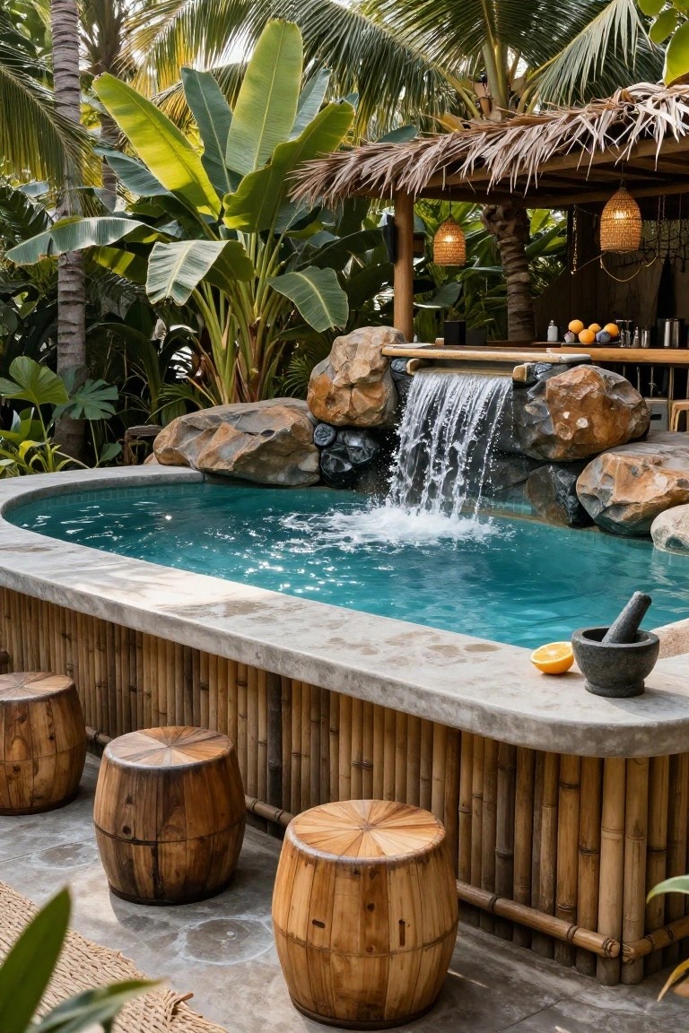 18 Pool Ideas With Bar Features for the Perfect Party Setup Oval turquoise pool with waterfall cascading from orange rocks into the water, adjacent curved concrete bar counter sided with bamboo and topped with mortar and pestle, oranges, and wooden barrel stools, under thatched roof with hanging lanterns amid tropical plants.