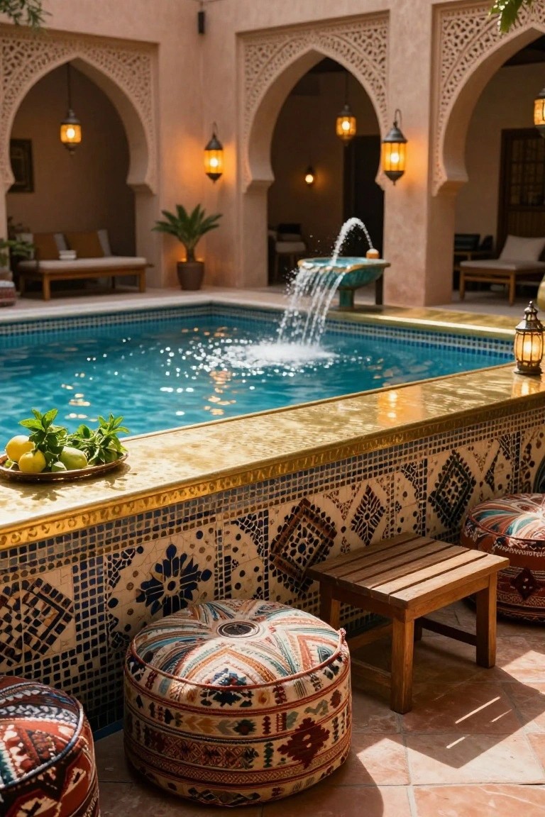 18 Pool Ideas With Bar Features for the Perfect Party Setup Turquoise pool with gold-trimmed edge in Moroccan-style courtyard, plate of lemons and mint on ledge, colorful poufs, small wooden table, arches, lanterns, and fountain.