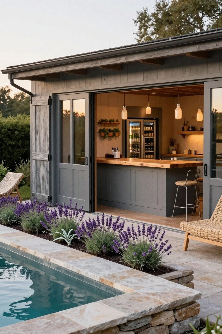 18 Pool Ideas With Bar Features for the Perfect Party Setup Gray rustic shed with open sliding barn doors revealing an interior bar area with wooden countertop, bar stools, double-door fridge, wine cooler, and pendant lights, positioned next to a rectangular pool with lavender plants, stone edging, and a woven lounge chair on a stone patio.