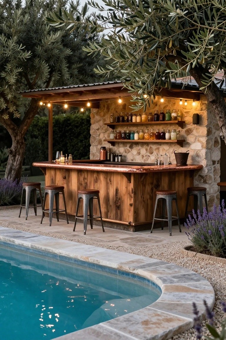 18 Pool Ideas With Bar Features for the Perfect Party Setup Outdoor wooden bar counter with copper edging and stone wall shelving next to a pool, under a covered structure with string lights, olive trees, and lavender plants nearby.