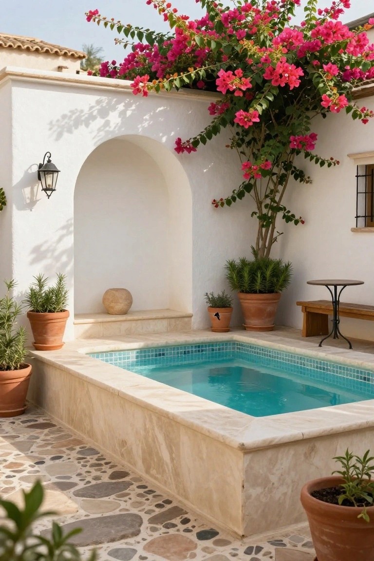 White stucco courtyard with small turquoise-tiled plunge pool, pink bougainvillea climbing walls, potted plants, arched niche with lantern, wooden bench and metal table on pebble terrace floor.