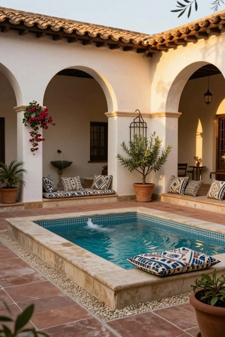 White stucco courtyard with terracotta tile floor and arches enclosing a small turquoise-tiled rectangular plunge pool featuring a central bubbling fountain, surrounded by built-in cushioned benches, patterned pillows, potted plants, olive tree, and hanging bougainvillea.