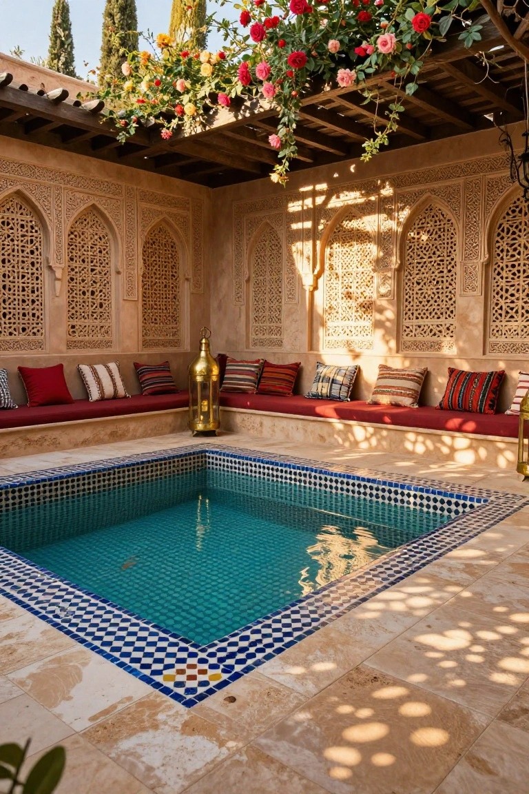 Small turquoise-tiled plunge pool centered in a Moroccan-style courtyard with built-in red banquettes topped with patterned cushions, carved stone screens, hanging roses, cypress trees, and brass lanterns.