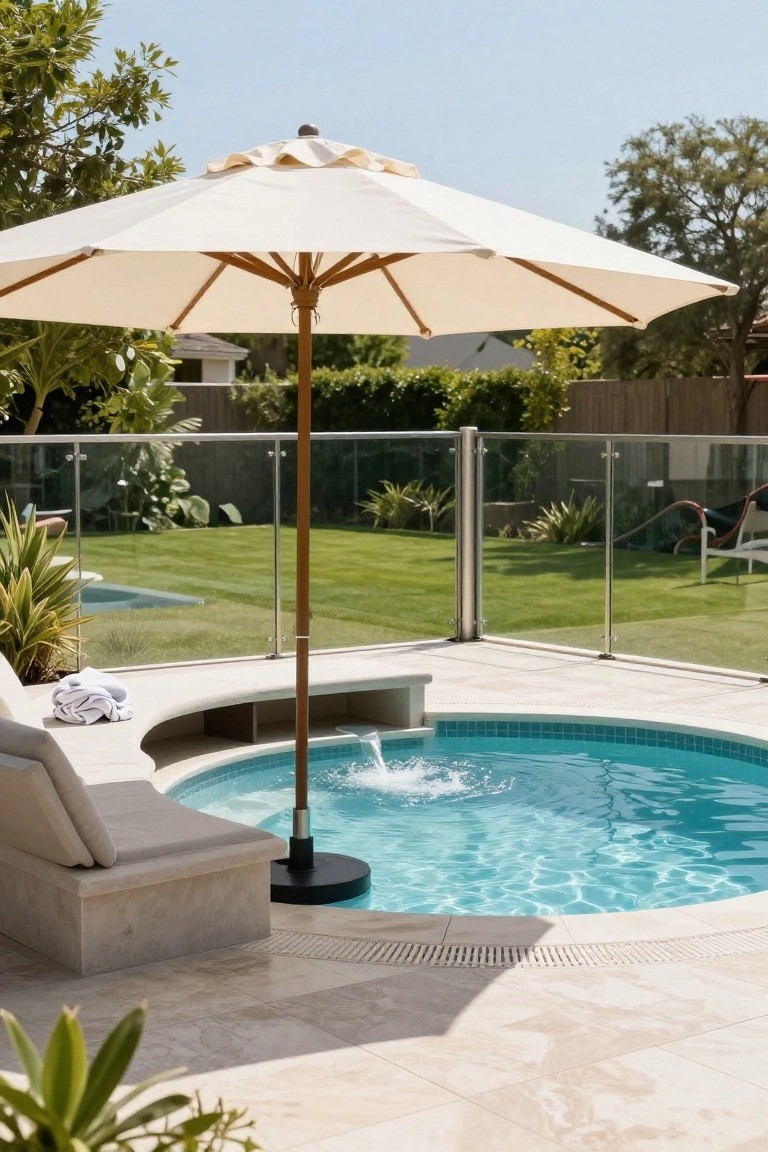 Large beige patio umbrella shading a round backyard swimming pool.