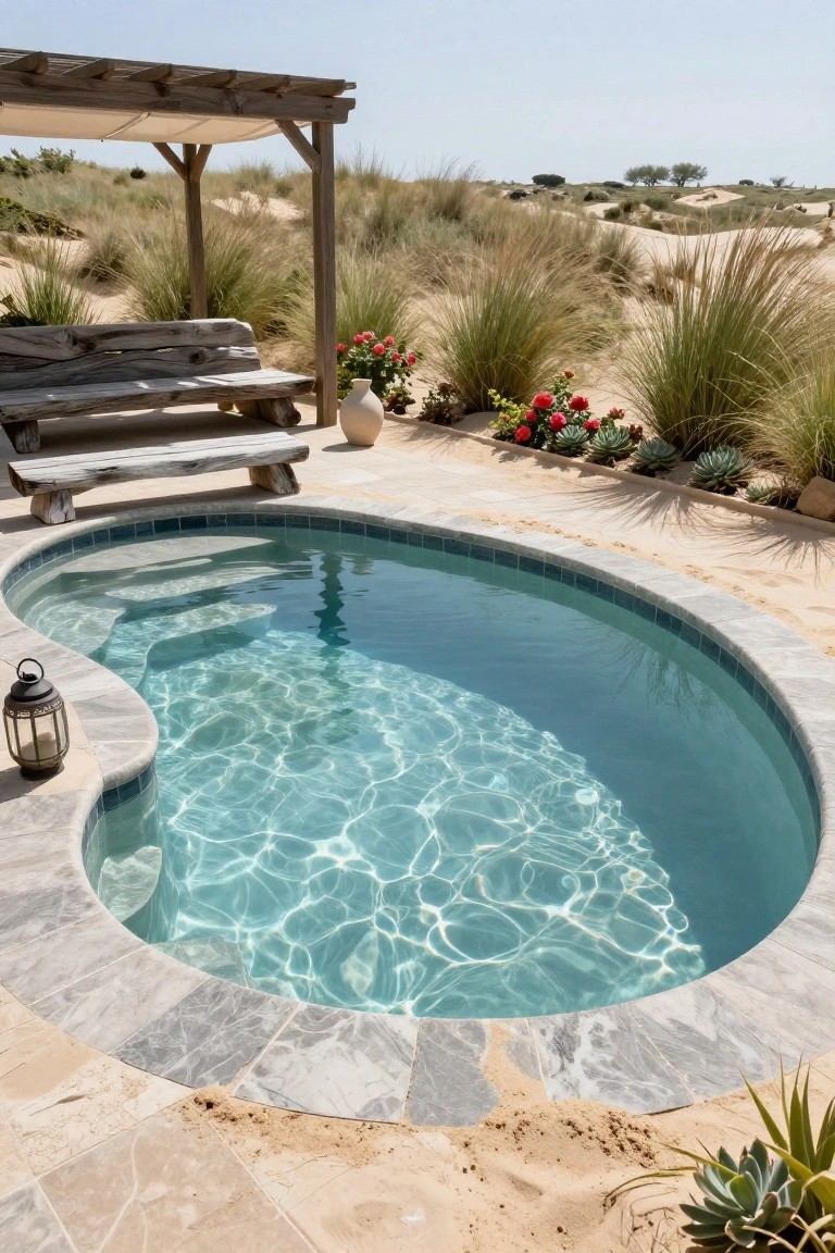Small kidney-shaped turquoise pool with stone tile edging on a beige sandy patio, rustic wooden bench nearby, desert plants, lantern light, wooden pergola overhead, and sand dunes in the background.