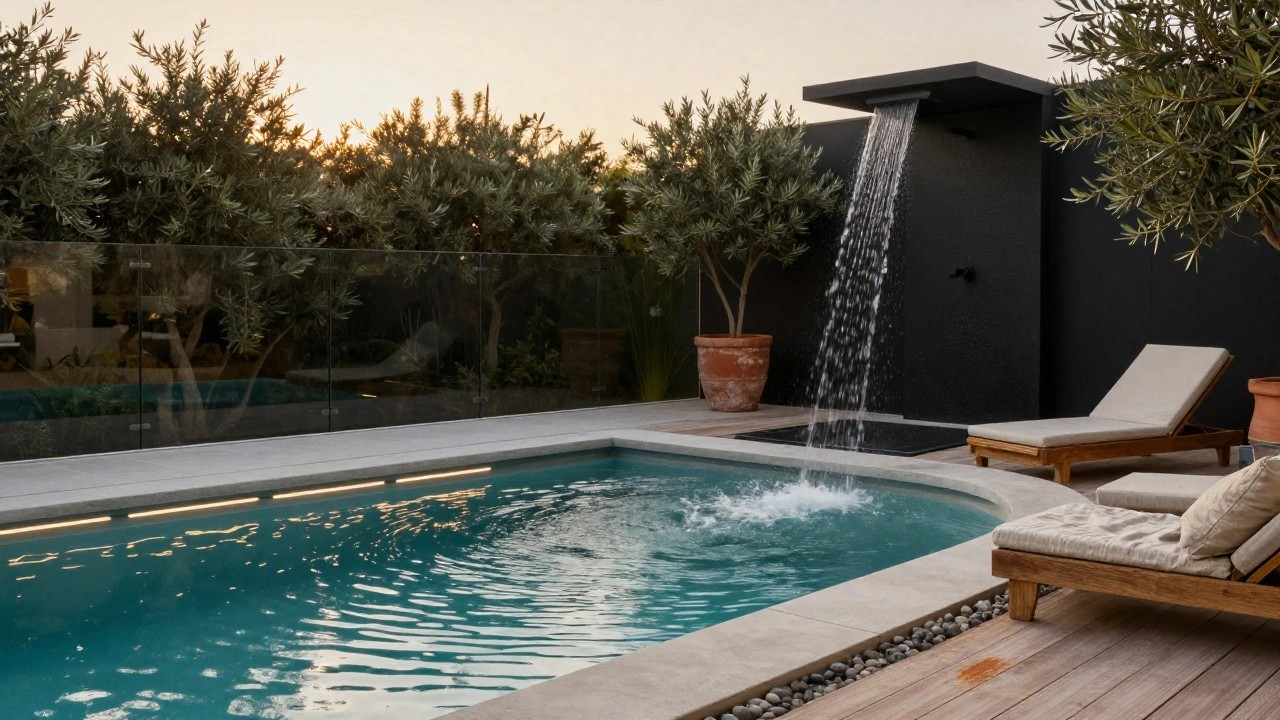 A small turquoise plunge pool with a side water cascade and underwater light strip, bordered by glass railing, wooden deck with teak loungers, pebble edging, olive trees, and terracotta pots in a modern outdoor setting at dusk.