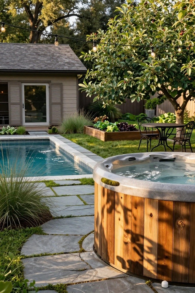 Backyard pool with adjacent round wooden hot tub on stone paver patio, surrounded by grasses, raised garden beds with vegetables, small bistro table and chairs, fruit tree, shed, and string lights.