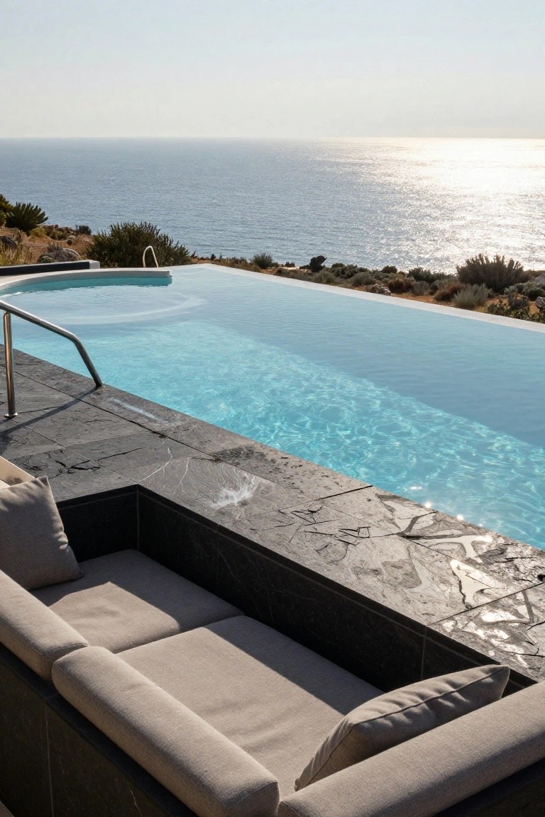 Infinity edge swimming pool on a black stone terrace with built-in beige outdoor sofa, overlooking the ocean from a rocky clifftop surrounded by sparse shrubs.