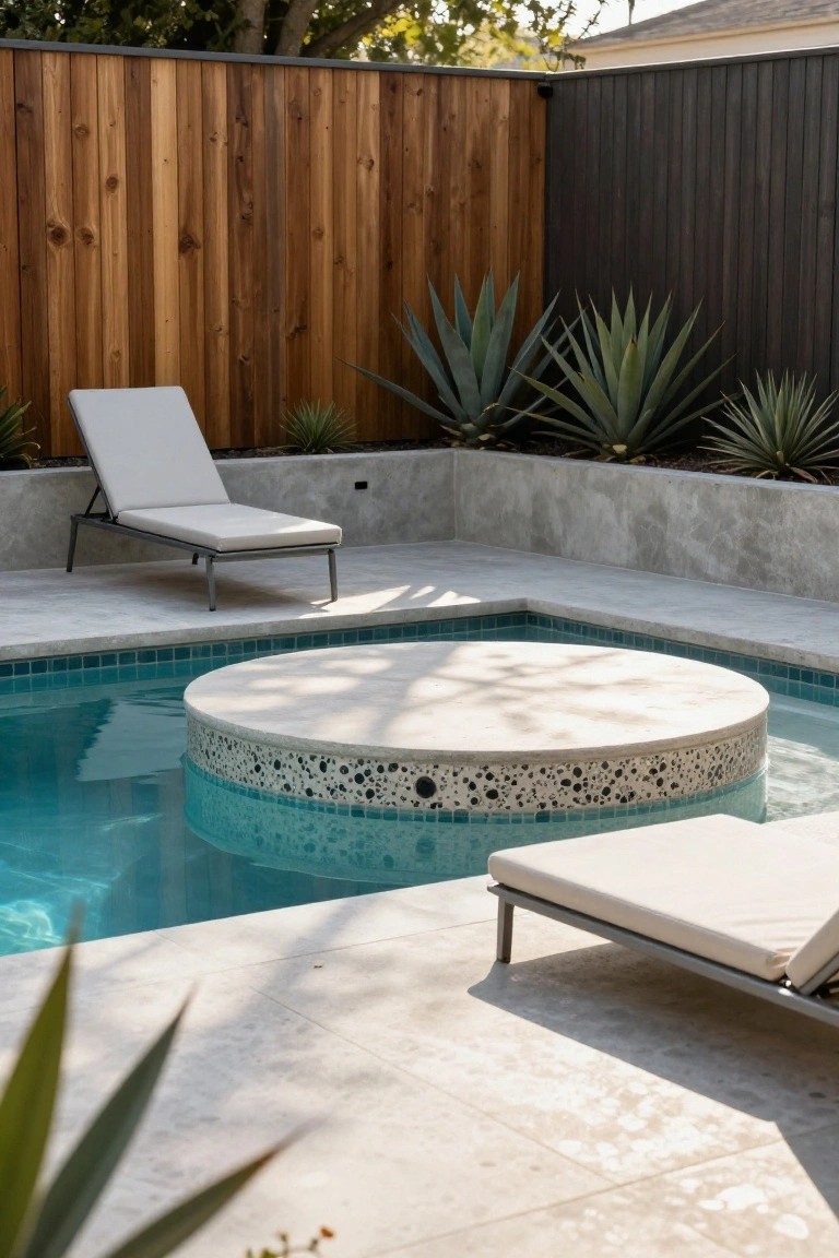 Outdoor pool area with a round raised hot tub platform topped in white aggregate stone and edged in blue mosaic tiles, surrounded by gray stone pavers, two white lounge chairs, agave plants, and wooden privacy fences.