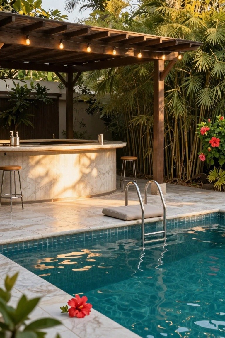 Curved stone outdoor bar with two wooden stools under a wooden pergola with string lights, positioned next to a turquoise mosaic-tiled pool featuring a cushioned metal ladder entry, surrounded by bamboo, palms, and hibiscus plants on a tiled patio.