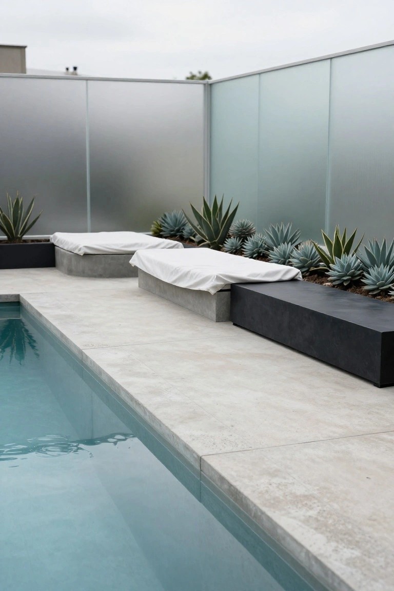 Outdoor pool with light gray concrete decking, two white fabric-covered concrete benches, black rectangular bench, potted blue agave plants, and tall frosted glass fencing along the edge.
