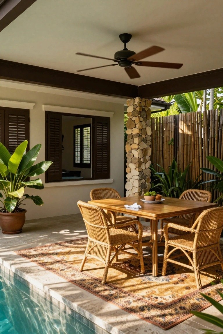 Covered outdoor terrace with square wooden dining table and four rattan chairs on a patterned rug next to an infinity-edge pool, flanked by potted plants, stone pillar, and bamboo fence.