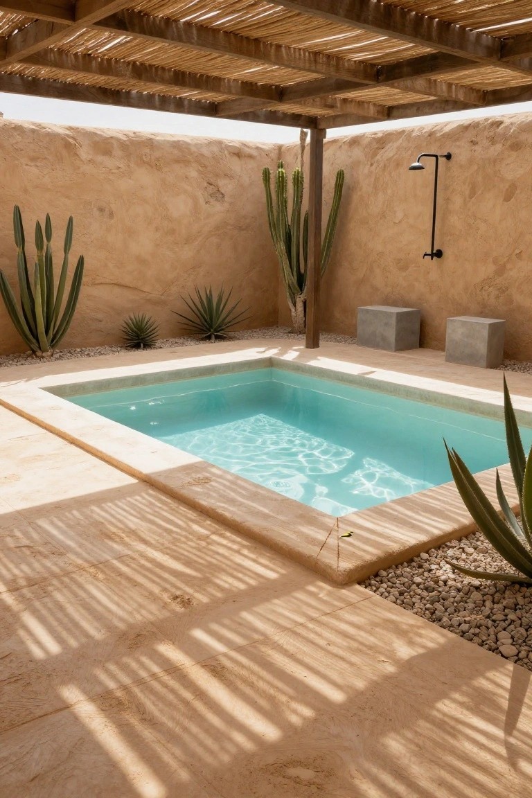 Small rectangular turquoise plunge pool in a beige adobe-walled courtyard with tall cacti, agave plants, pebble ground cover, concrete benches, black wall-mounted outdoor shower, and thatched pergola roof.