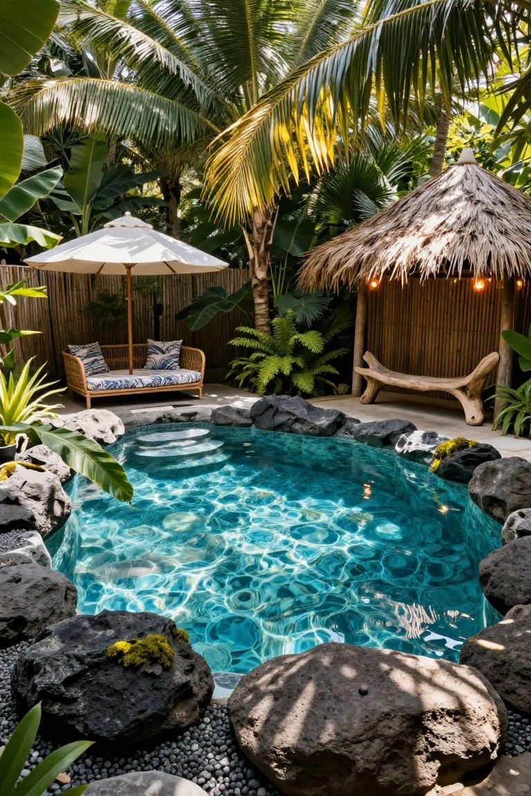 Small turquoise plunge pool edged with black lava rocks and pebbles, surrounded by tropical plants, palms, ferns, a thatched bamboo pavilion with lights, cushioned loveseat, umbrella, and wooden bench in a lush garden enclosure.