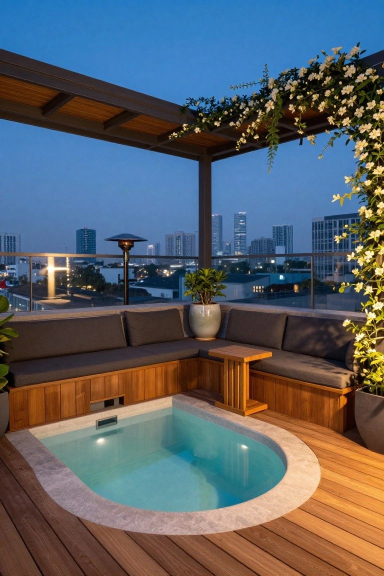 Rooftop terrace with a small oval turquoise pool integrated into a wooden deck, surrounded by L-shaped cushioned benches, potted plants, climbing vines on a metal pergola, and a city skyline view at dusk.