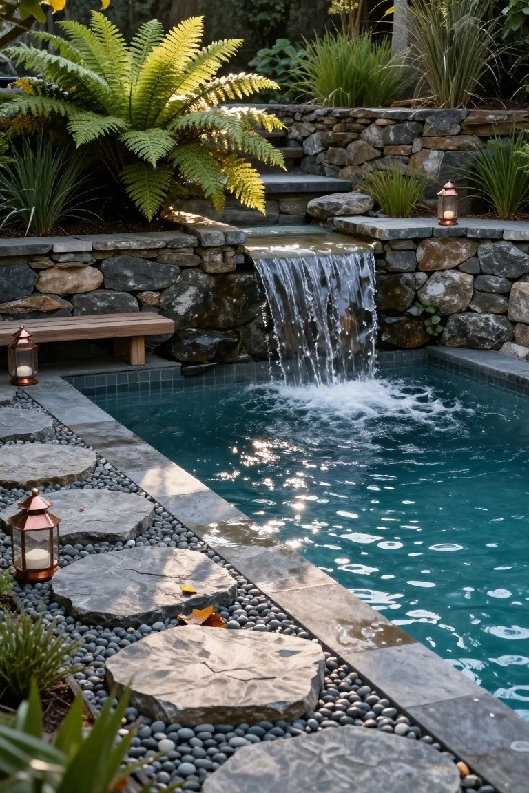 A small rectangular turquoise pool with a waterfall cascading from stacked natural stone walls, surrounded by ferns, grasses, copper lanterns, a wooden bench, and flat stepping stones over black pebbles.