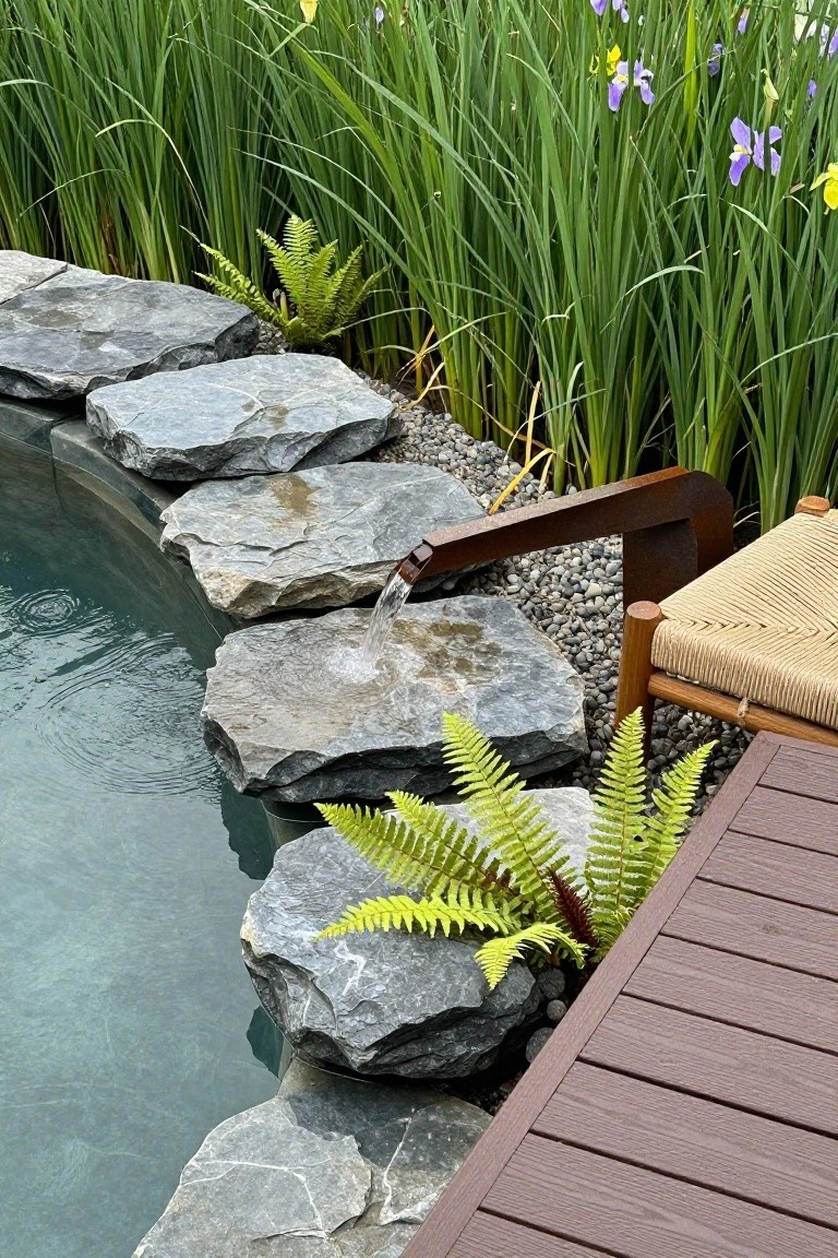 Curved pool edge lined with stacked gray rocks, bronze spout pouring water into turquoise pool water, surrounded by ferns, pebbles, reeds, iris flowers, and a wooden chair on deck.