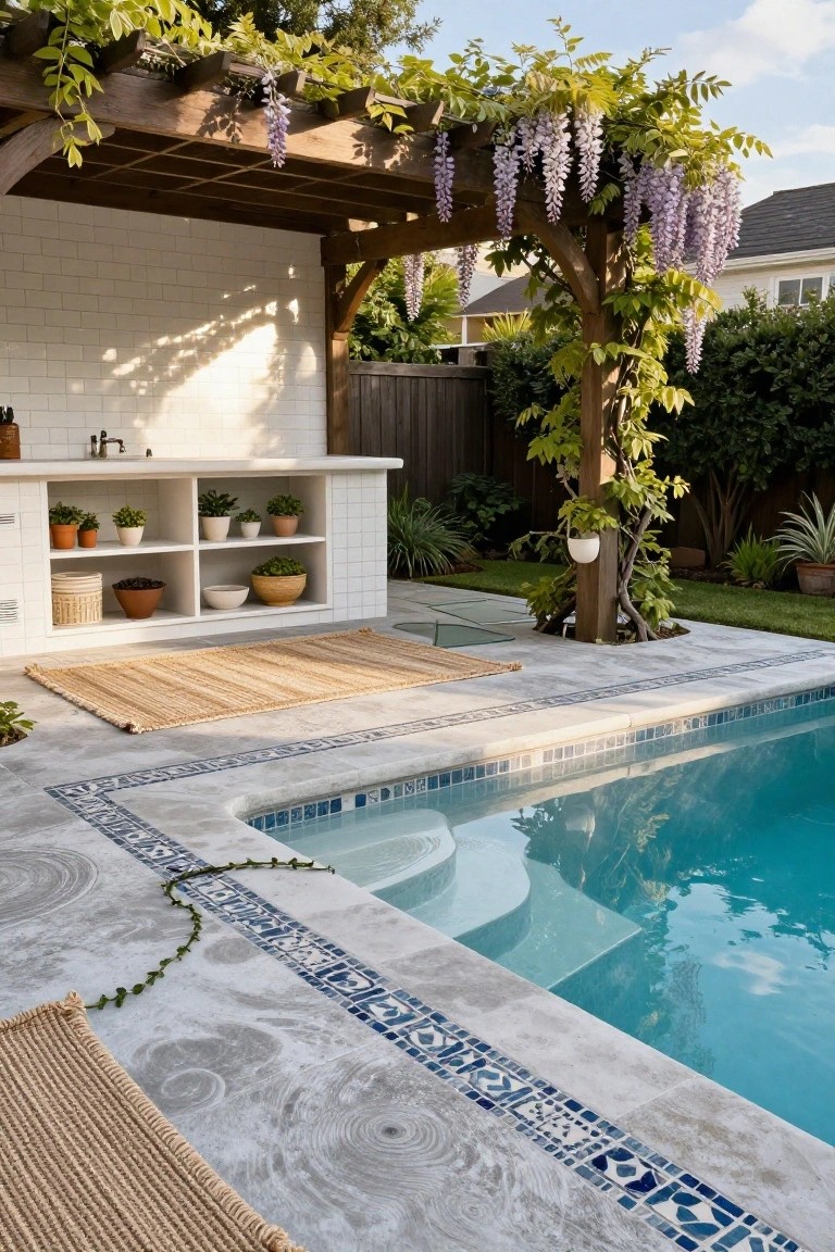 Backyard pool deck with a white-tiled outdoor kitchen under a wooden pergola covered in purple wisteria vines, open shelving with potted plants, seagrass rugs, and a turquoise pool with blue tile border.