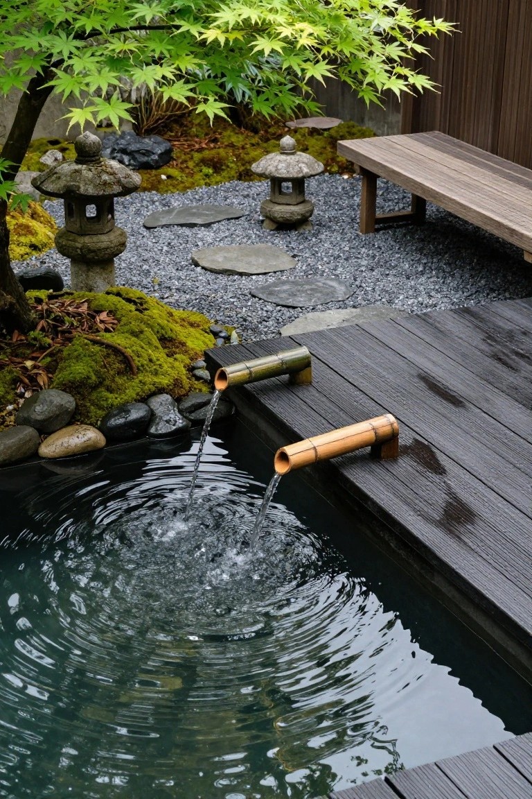 Dark wood deck adjacent to a small rectangular pool in a Japanese-style garden, with two horizontal bamboo water spouts mounted on the deck pouring water into the pool, stone lanterns, gravel ground cover, mossy rocks, a wooden bench, and a maple tree nearby.