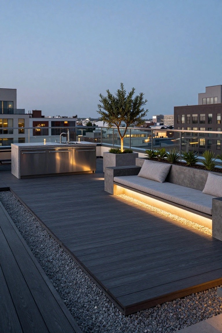 Rooftop deck with dark wood flooring, stainless steel outdoor kitchen island, concrete bench seat with underlighting, potted plants and trees, glass railing, and surrounding buildings at dusk.