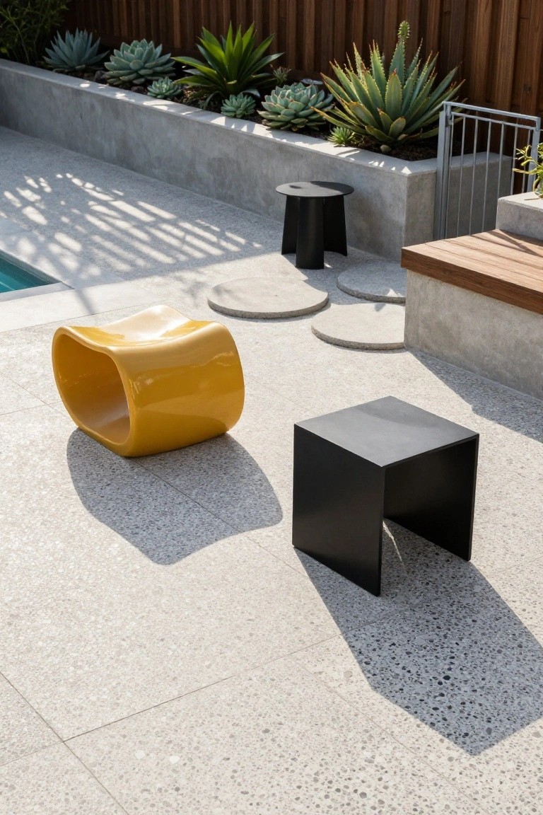 Modern patio with yellow chair, black stools, concrete planters, and succulents.