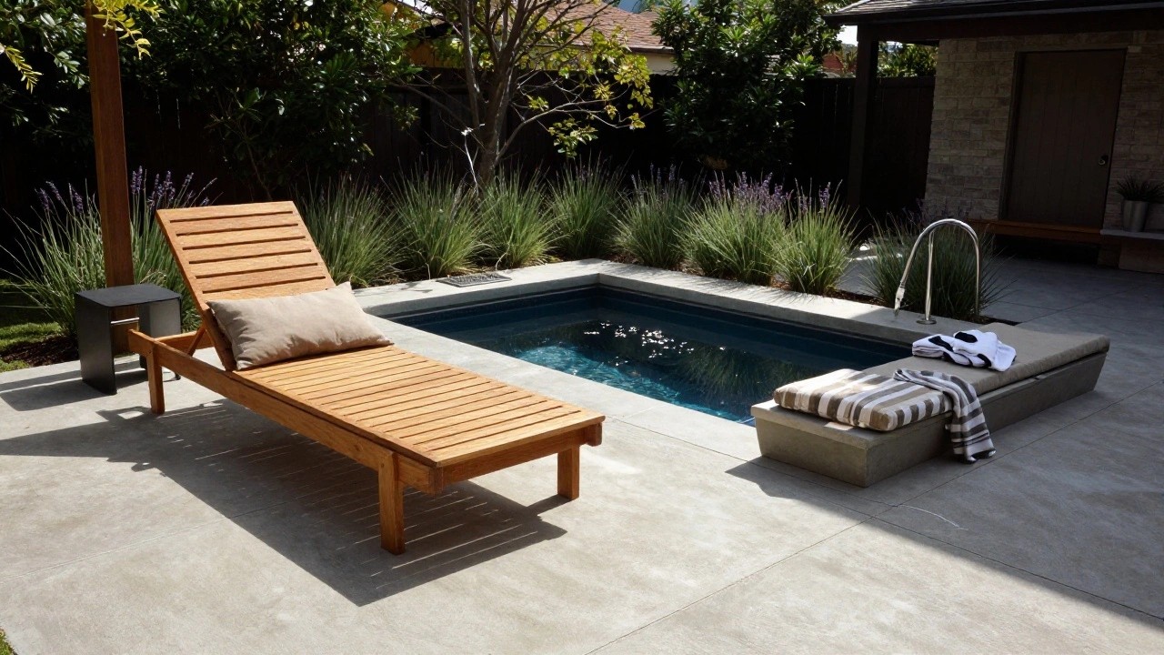 Small rectangular turquoise pool with water flowing from a wall spout, surrounded by wide gray concrete deck, two beige lounge chairs on wood frames under a wooden pergola, lavender plants and grasses along the edge.