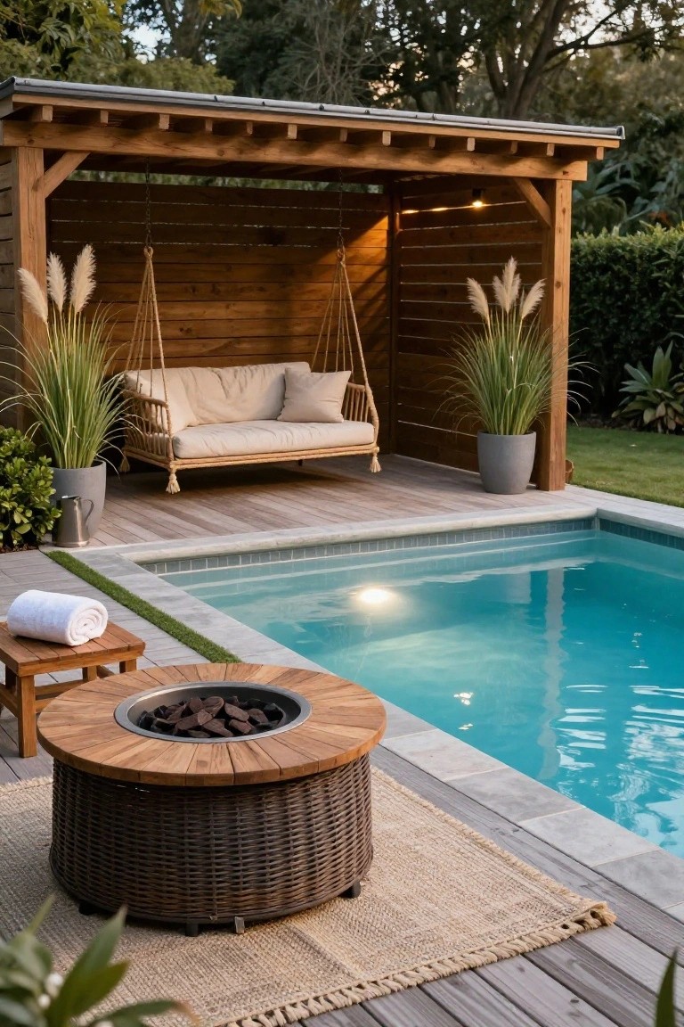 Wooden pergola-covered deck beside a small rectangular pool, with a hanging egg swing, potted tall grasses, a round fire pit table with burning logs, and a folded towel on a side table.