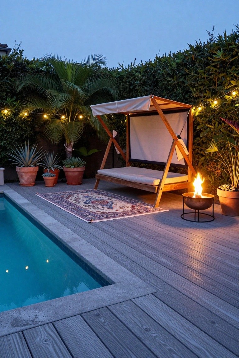 Wooden hanging daybed with beige canopy and cushions on a gray deck next to a blue pool, with a metal fire pit burning, potted plants, Persian rug, string lights, palm trees, and hedges at dusk.