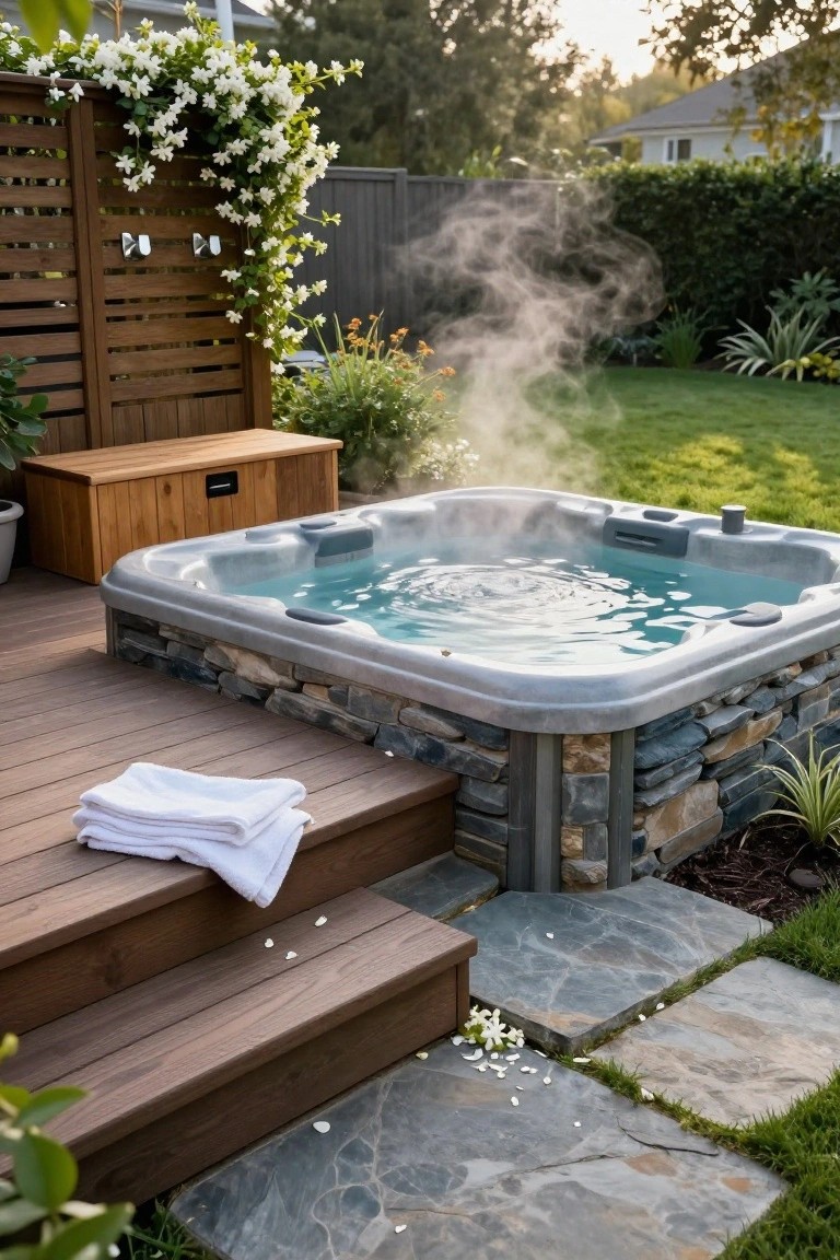 Backyard wooden deck with built-in gray hot tub surrounded by stacked gray stone, wooden storage bench, white towels on deck steps near potted plants, jasmine vines on slatted wooden fence, steam rising from blue bubbling water, green lawn and sunset sky.