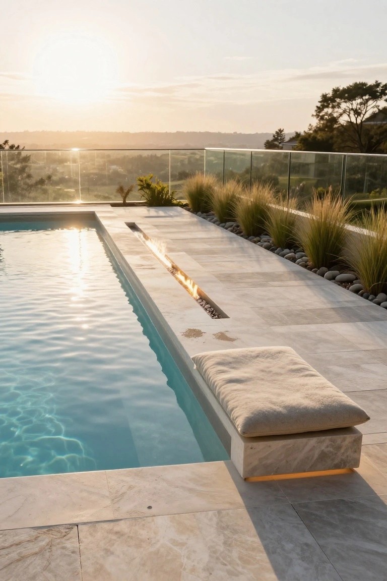 Infinity-edge pool with linear gas fire pit integrated into the adjacent light stone deck walkway, flanked by ornamental grasses, pebbles, and a cushioned stone bench, glass railing, and hillside view at sunset.
