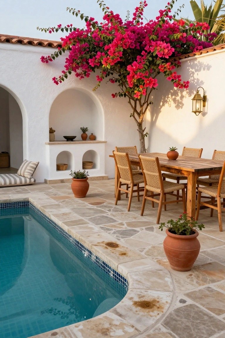 Small turquoise pool with blue mosaic edge surrounded by irregular beige stone pavers, wooden dining table with rattan chairs, white stucco wall with bougainvillea vine and arched niche, terracotta pots, and lantern light.