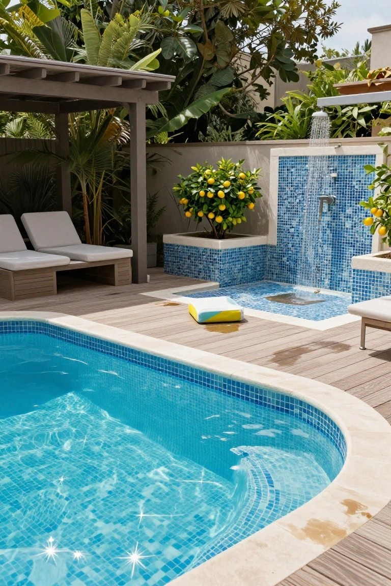 Backyard swimming pool with turquoise mosaic tiles, surrounded by wooden decking, two white lounge chairs, a yellow and white pool float, blue tiled outdoor shower with running water, potted lemon trees, and tropical plants.