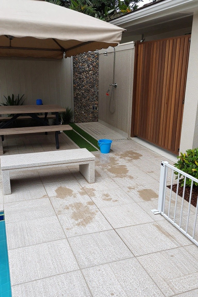 Backyard pool deck with beige umbrella, wooden table and benches, granite bench, outdoor shower against pebble wall, blue bucket, wet light-colored pavers, timber gate, and turquoise pool edge.