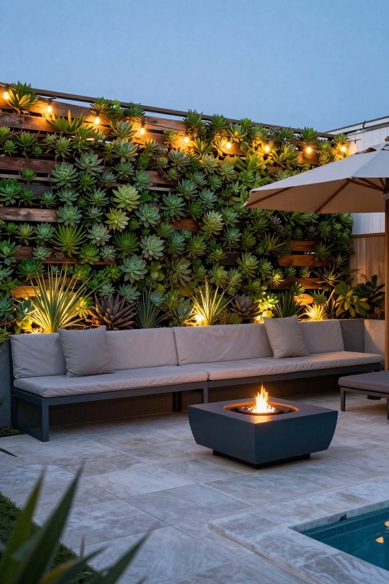Backyard pool deck with gray L-shaped outdoor sofa facing a black square gas fire pit on light gray tiled pavers, vertical wooden trellis covered in green succulents and string lights, beige umbrella, potted plants, and edge of turquoise pool.