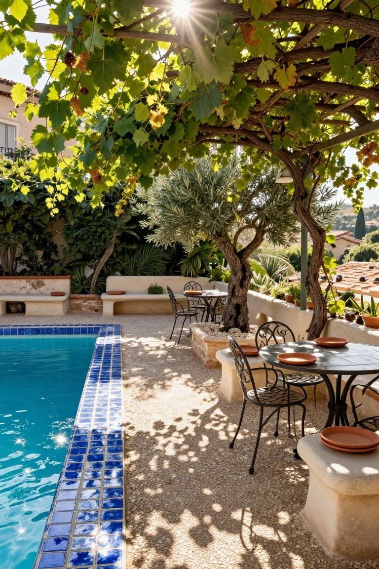 Backyard swimming pool with blue mosaic tile edging and adjacent gravel terrace holding wrought-iron tables, chairs, and benches under grapevine arbor and olive tree with hillside village in background.