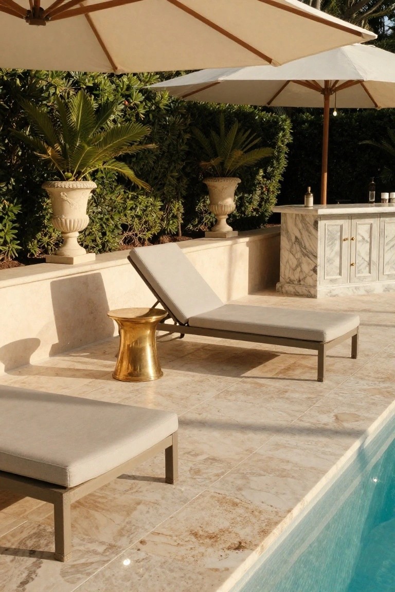 Luxurious poolside patio with lounge chairs, marble bar, umbrellas, and lush greenery.