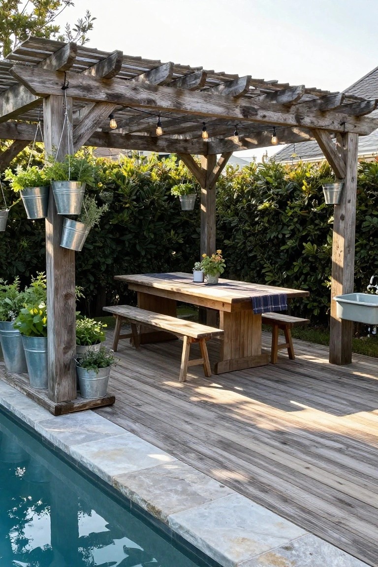 Wooden pergola with string lights and hanging metal planters covers a rectangular dining table and benches on a deck adjacent to a rectangular swimming pool.
