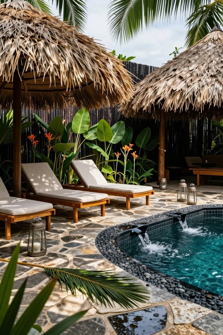 Wooden loungers under thatched umbrellas next to a small turquoise pool with black pebble edging and water spouts, surrounded by tropical plants and bamboo fencing.